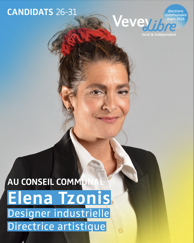 Elena Tzonis, 49 ans, femme passionnée et engagée, rêve d'une ville vivante et accueillante pour tous. Avec son parcours en design industriel et de produit, ainsi que sa formation en muséographie, elle a développé une expertise unique en communication et développement de projets qu'elle compte partager en se portant candidate sur la liste Vevey Libre pour les élections communales de mars 2026.