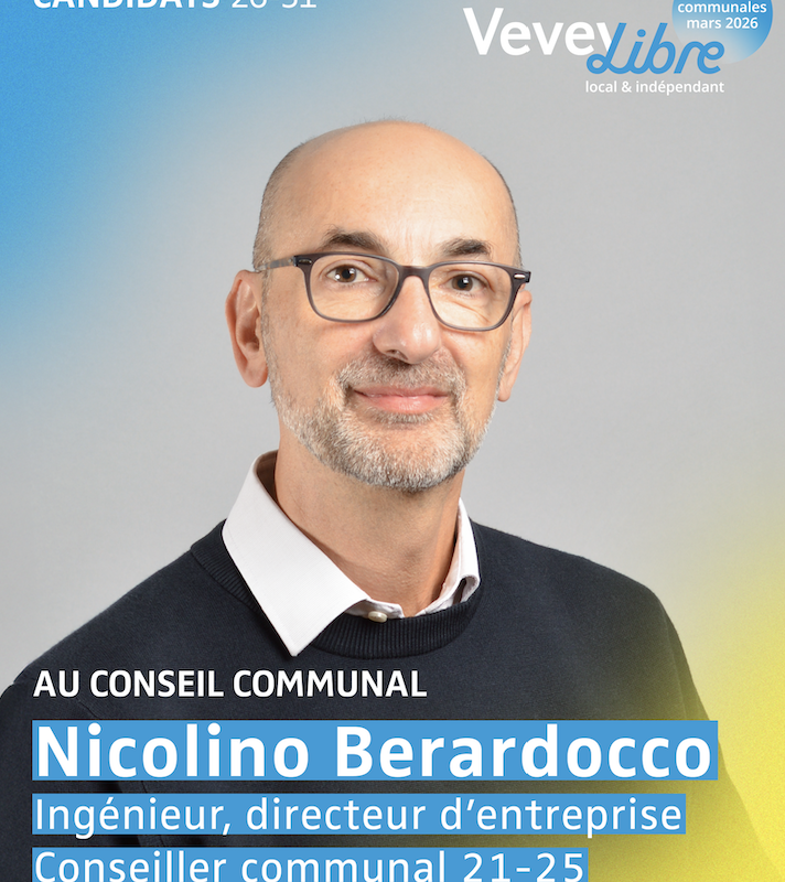 Nicolino Berardocco, 57 ans, défend une ville à taille humaine, dynamique et ouverte sur l'avenir technologique. Son expérience acquise comme ingénieur et directeur d'entreprise peut être précieuse pour la ville. Il a décidé de se porter candidat au Conseil communal sur la liste Vevey Libre pour s'engager en faveur des nouvelles générations.