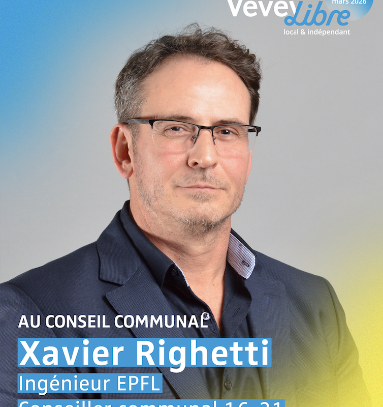 Xavier Righetti, 53 ans, a décidé de solliciter à nouveau un mandat de conseiller communal sur la liste Vevey Libre pour les élections de mars 2026 : «Je veux être une force de proposition, de collaboration et de construction pour l'avenir de ma ville ». Ingénieur EPFL, il a déjà mis son expertise au service de la collectivité en tant que conseiller communal de 2016 à 2021. Membre du Rotary, il est convaincu que l'engagement associatif est essentiel pour bâtir une communauté solidaire et dynamique.