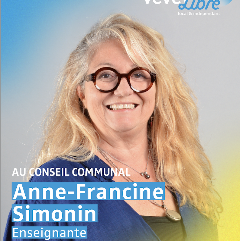 «J’aime accueillir, écouter et créer du lien». C'est ainsi qu'Anne-Francine Simonin, 64 ans, décrit son approche de la vie. Enseignante retraitée et grand-maman, elle met son énergie au service de sa communauté, comme elle l’a mise auparavant auprès de ses élèves. Ancienne présidente du Conseil communal, elle est prête à se consacrer cinq ans de plus au Conseil communal.