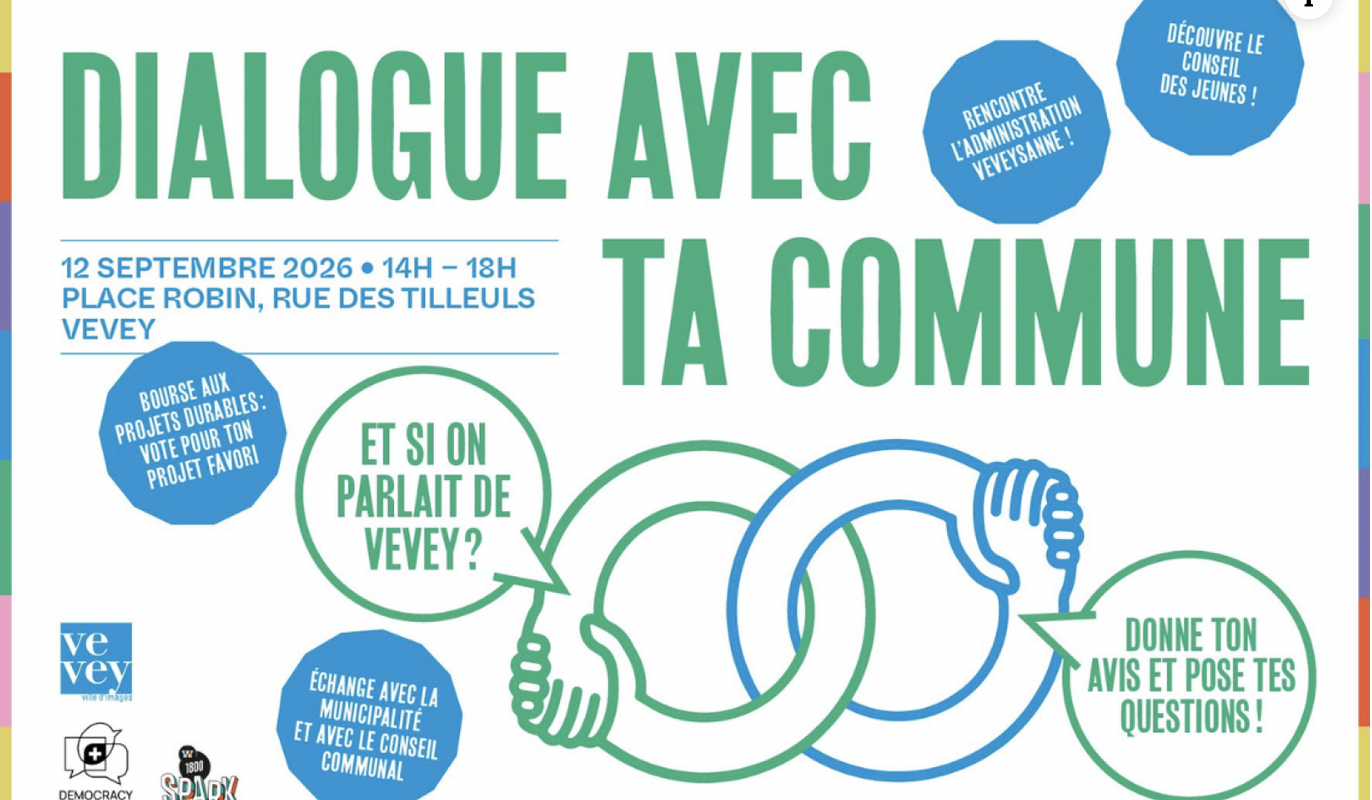 Plusieurs de nos élus participeront à «Dialogue avec ta Commune», samedi 12 septembre, de 14h à 18h, à la place Robin. Ils viendront écouter vos préoccupations, échanger sur l’avenir de Vevey et répondre à vos questions. Une occasion concrète de faire entendre votre voix auprès de celles et ceux qui vous représentent.